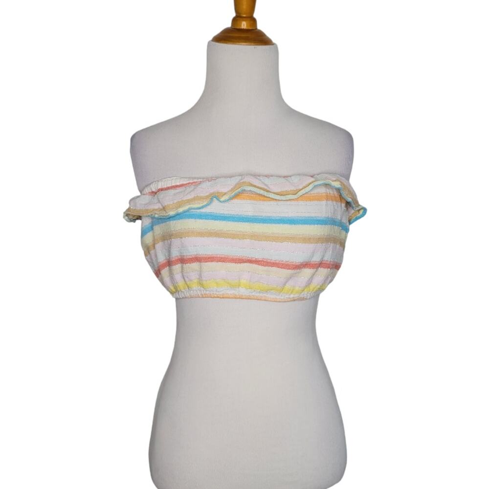 Lovers + Friends Summer Bandeau Crop Top Ruffle Rainbow Stripes Women Medium